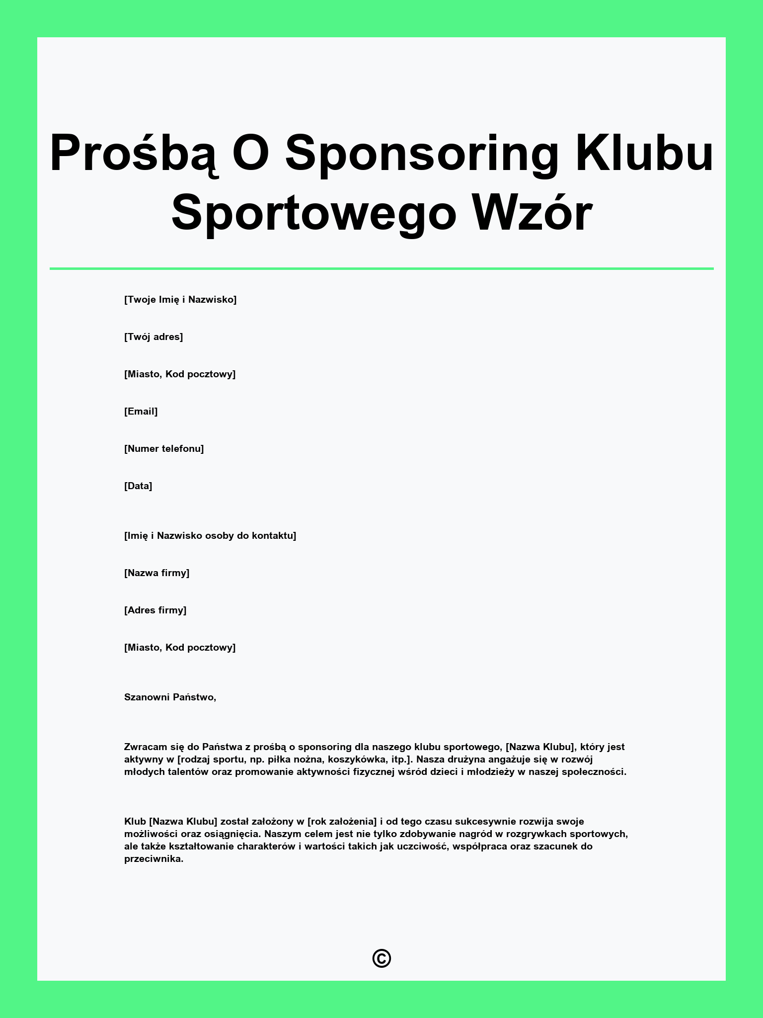Prośbą O Sponsoring Klubu Sportowego Wzór