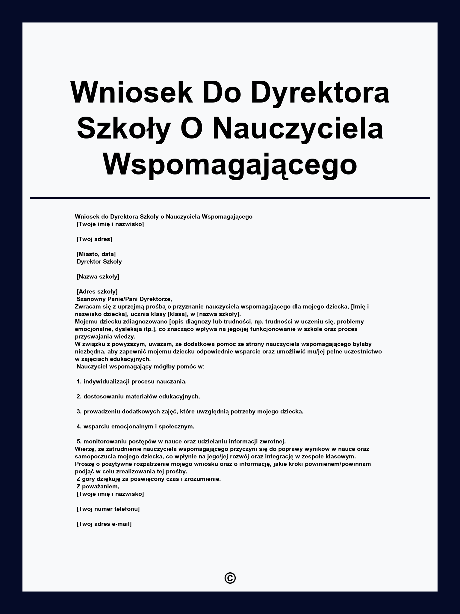Wniosek Do Dyrektora Szkoły O Nauczyciela Wspomagającego
