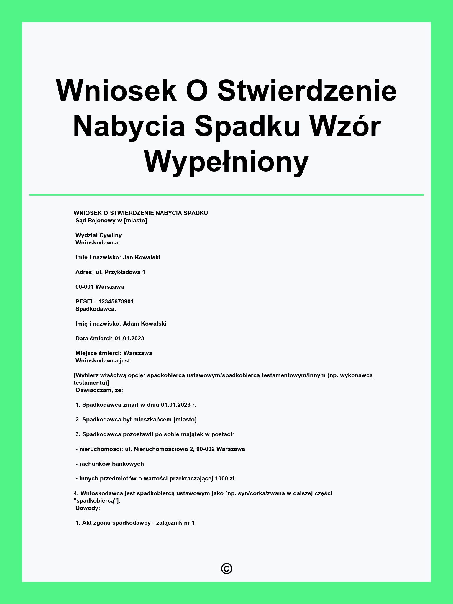 Wniosek O Stwierdzenie Nabycia Spadku Wzór Wypełniony
